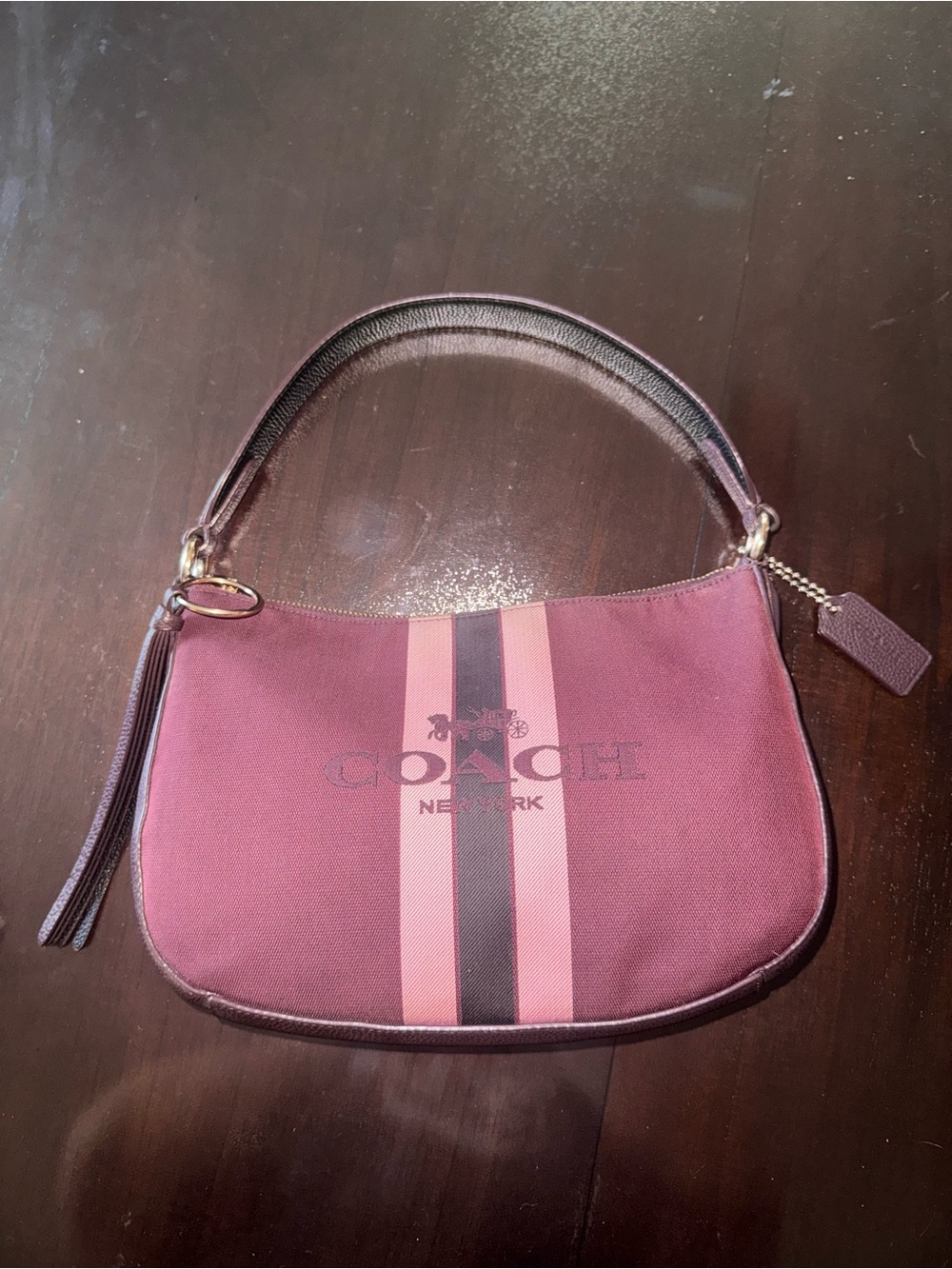 Coach Burgundy & Black Striped Zip Shoulder Bag Tassel Detachable Strap
